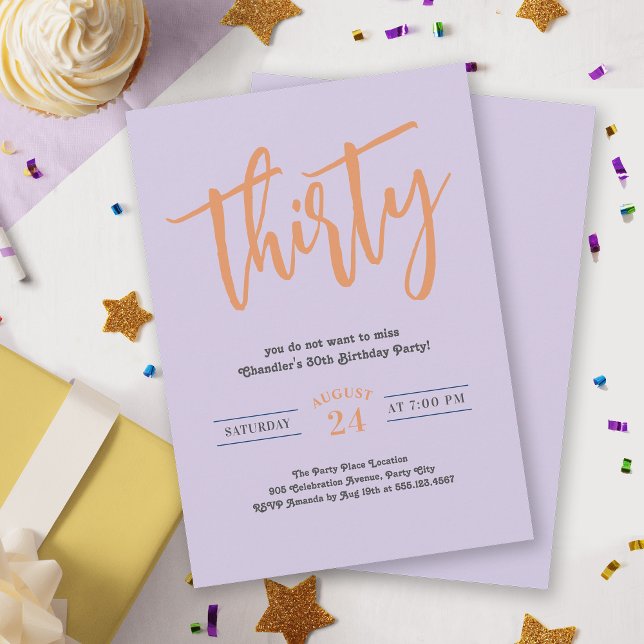 Convite Festa Simples de Lilac e aniversário de 30 anos La (Celebrate thirty in style with this simple birthday party invite with a retro groovy vibe.)