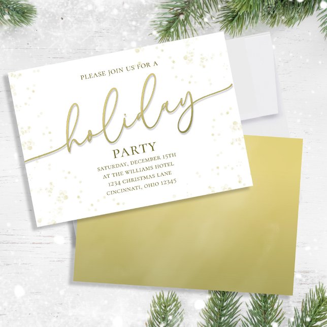 Convite Festa Simples de Script de Caligrafia Dourada de F (Holiday party gold gradient calligraphy script invitation. and gold gradient backside. )