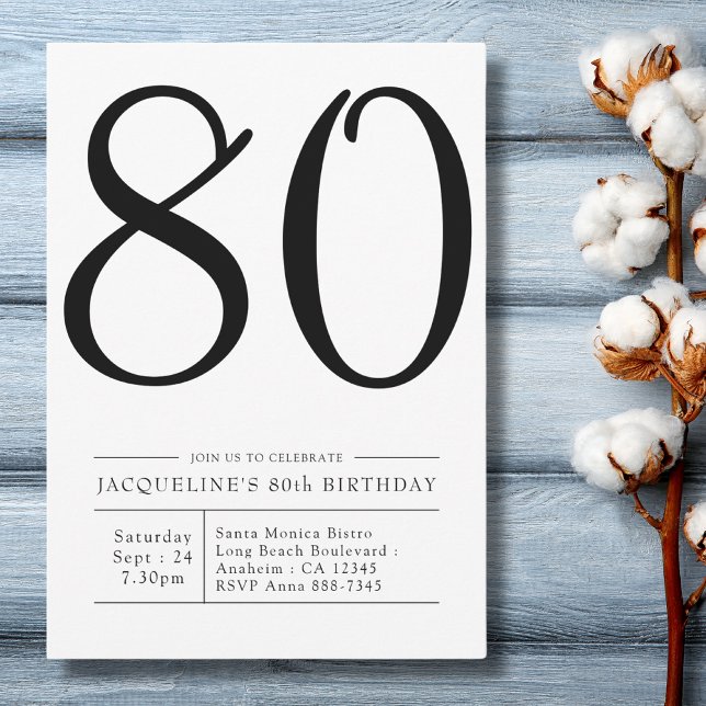 Convite Festa Simples Elegante de 780 Birthday (modern simple black and white 80th birthday party invitation on a blue wood background.)