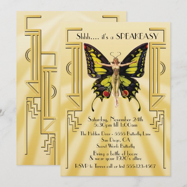 Convite Festa Speakeasy Borboleta Flapper O Grande Gatsby (Frente/Verso)
