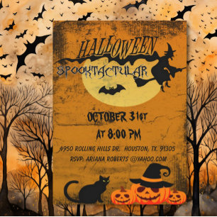 Convite Festa Spooktacular de Gato e Bruxa de Halloween