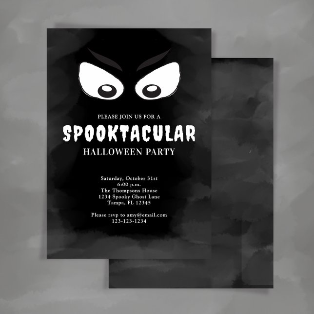 Convite Festa Spooktacular do Dia das Bruxas Preta e Branc (Halloween spooktacular party invitation with black and white ghost eyes.)
