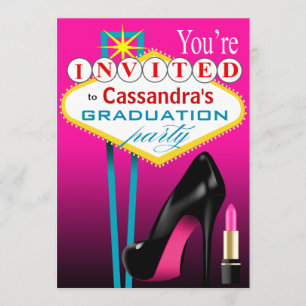 Convite Festa Stiletto e Lábios Vermelhos Las Vegas fúcsia