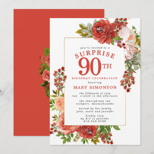 Convite FESTA SURPRESA Aniversário de 90 anos Rosa Vermelh