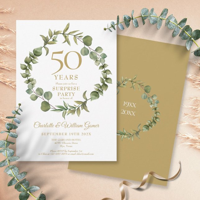Convite Festa Surpresa Bodas de Ouro Vegetação  (Surprise Party 50th Wedding Anniversary Greenery Invitation)