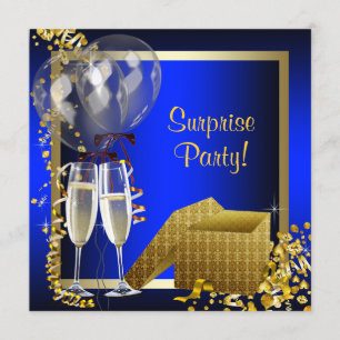 Convite Festa Surpresa Confetes de Champanhe Azul e Dourad