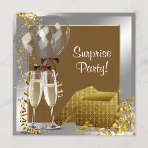 Convite Festa Surpresa Confetes Prata Dourado Champanhe