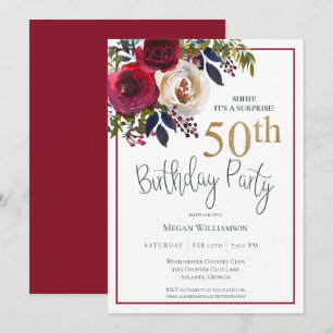 Convite Festa Surpresa de 50 Anos Floral Dourado Vermelho