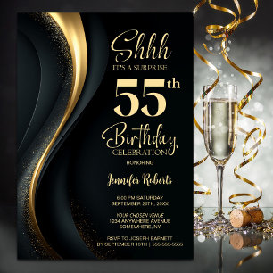 Convite Festa Surpresa de 55 Anos Preto e Dourado