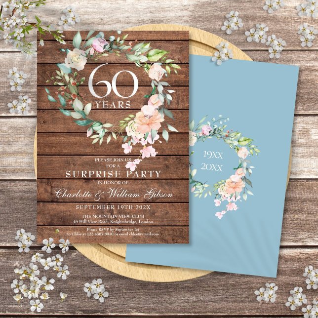 Convite Festa Surpresa de 60º Aniversário Floral Madeira R (60th Anniversary Surprise Party Floral Rustic Wood Invitation)