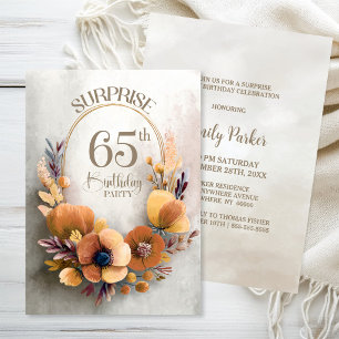 Convite Festa Surpresa de 65 Anos com Tema Floral Laranja