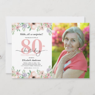 Convite Festa Surpresa de 80 Anos Elegante Foto Floral