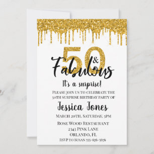 Convite Festa Surpresa dos Cinquenta Anos Glitter Dourado 