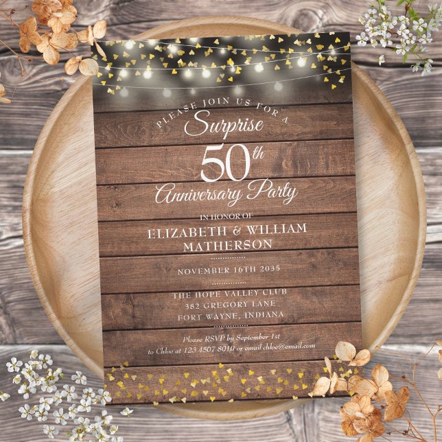 Convite Festa Surpresa Rústica de 50 Anos de Casamento  (Rustic Surprise Party 50th Wedding Anniversary Invitation)