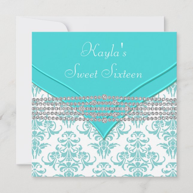 Convite Festa Sweet 16 Azul Turquesa Damask (Frente)