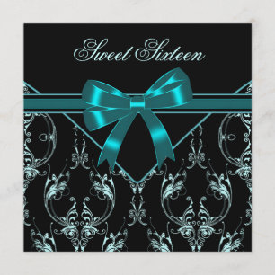 Convite Festa Sweet 16 Azul Turquesa Preto Damask