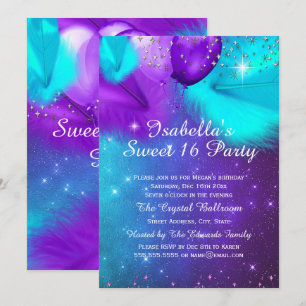 Convite Festa Sweet 16 Balões Azul Turquesa Roxo Prata