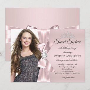 Convite Festa Sweet 16 blush Rosa Foto Diamante Arco Tiara