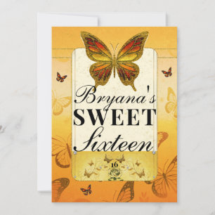 Convite Festa Sweet 16 Borboleta Laranja Amarelo & Ouro