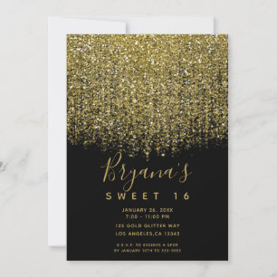 Convite Festa Sweet 16 Brilhante Dourado e Preto Glitter