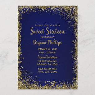 Convite Festa Sweet 16 Brilho Glamour Azul Real e Dourado