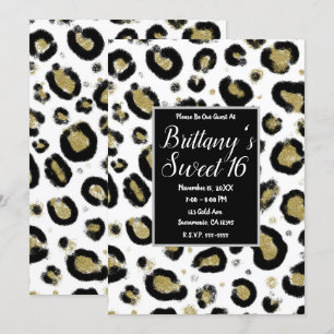 Convite Festa Sweet 16 Brilho Ouro Branco & Leopardo Preto