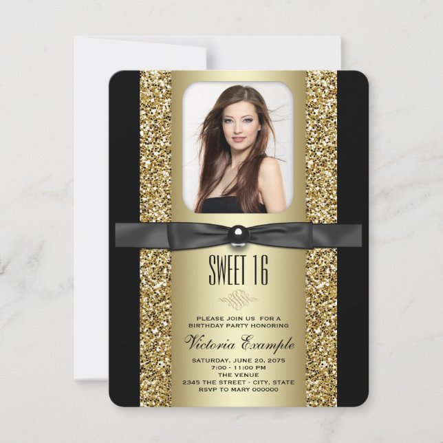 Convite Festa Sweet 16 Brilho Preto e Dourado (Frente)