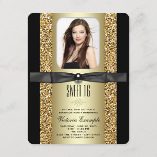 Convite Festa Sweet 16 Brilho Preto e Dourado