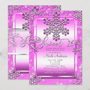 Convite Festa SWEET 16 Brilho Rosa Quente Flocos de Neve d
