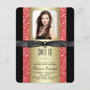 Convite Festa Sweet 16 Brilho Vermelho Preto e Dourado