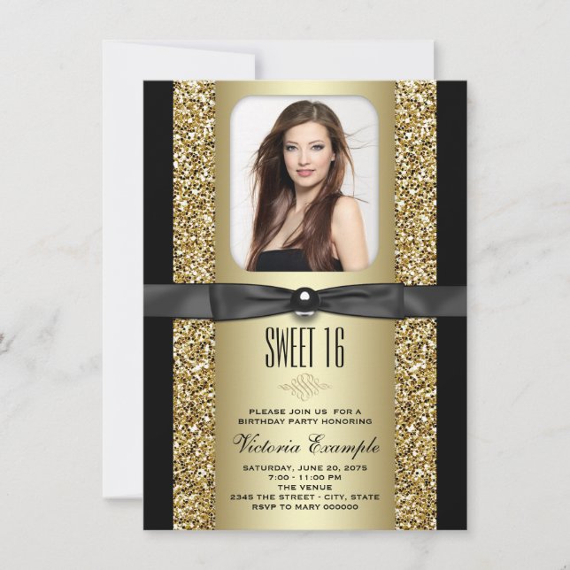 Convite Festa Sweet 16 com Brilho Preto e Dourado (Frente)