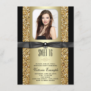 Convite Festa Sweet 16 com Brilho Preto e Dourado