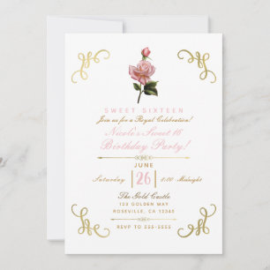 Convite Festa Sweet 16 com Cantos de Rosa Floral e Dourado
