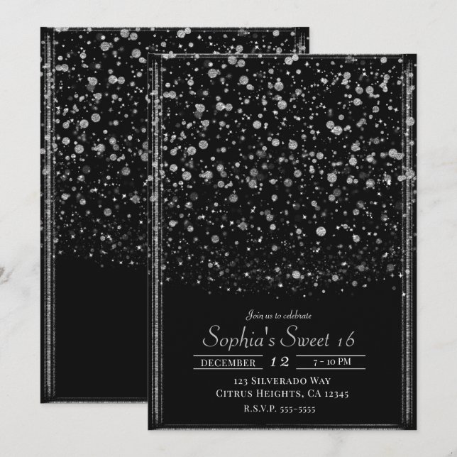 Convite Festa Sweet 16 com Confetes Silver & Black (Frente/Verso)