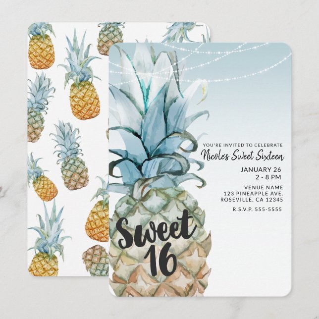 Convite Festa Sweet 16 com Luzes de Corda e Abacaxi Tropic (Frente/Verso)