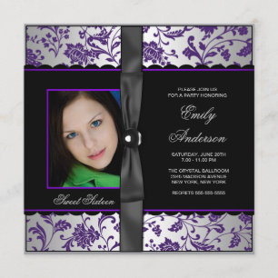 Convite Festa Sweet 16 de Damasco Preto Roxo