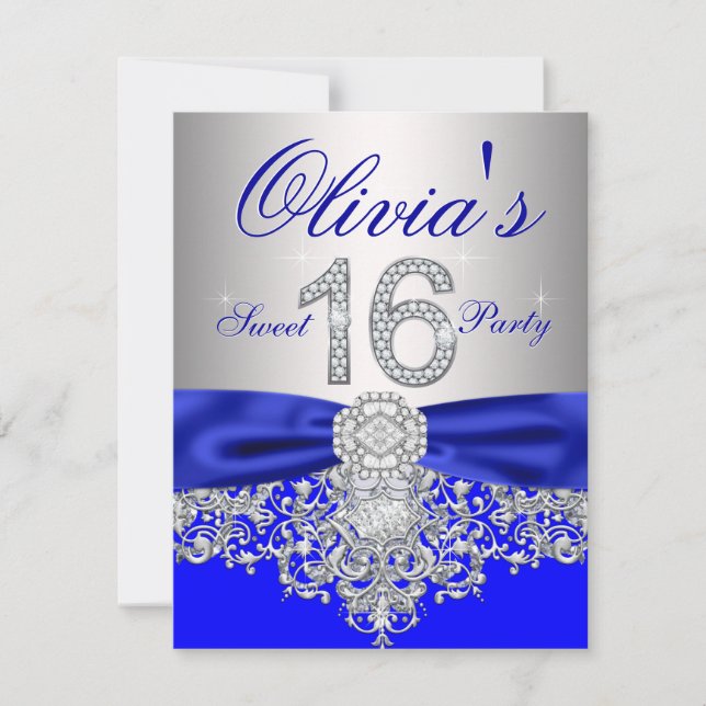 Convite Festa Sweet 16 Diamantes Azul Real e Prata (Frente)