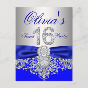 Convite Festa Sweet 16 Diamantes Azul Real e Prata