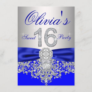 Convite Festa Sweet 16 Diamantes Azul Real e Prata