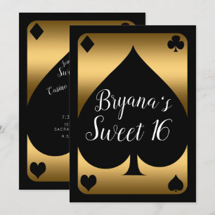 Convite Festa Sweet 16 do Cassino Glam Gold & Black Spade