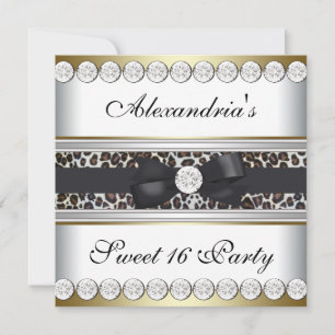 Convite Festa Sweet 16 Dourado Preto Branco Leopardo