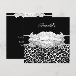 Convite Festa Sweet 16 Elegante Preto Branco Leopardo
