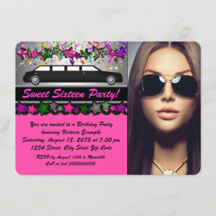 Convite Festa Sweet 16 Foto Preto Rosa Quente Limo Preto