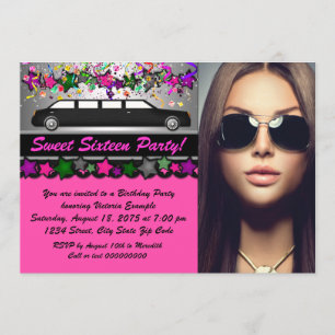 Convite Festa Sweet 16 Foto Preto Rosa Quente Limo Preto