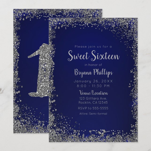 Convite Festa Sweet 16 Glamour Azul Royal e Brilho Pratead (Frente/Verso)
