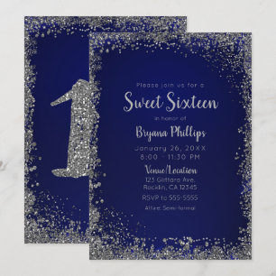 Convite Festa Sweet 16 Glamour Azul Royal e Brilho Pratead