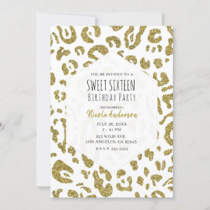 Convite Festa Sweet 16 Glitter Dourado Branco Leopardo Che