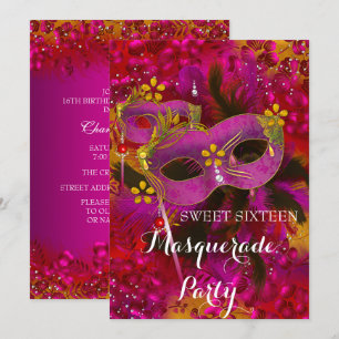 Convite Festa Sweet 16 Mascarada Floral Dourado Rosa