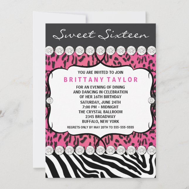 Convite Festa Sweet 16 Pink Leopard Zebra (Frente)