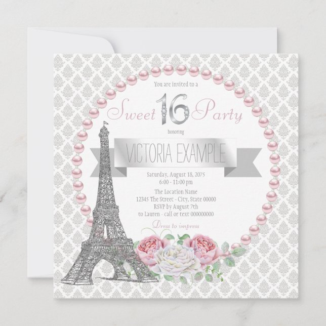 Convite Festa Sweet 16 Pink Pearl Paris (Frente)